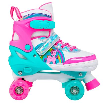 Imagem de Patins Infantil Roller Unicórnio Rosa Ajustável Com Luz Led 4 Rodas Para Menina