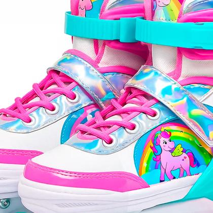 Imagem de Patins Infantil Roller Unicórnio Rosa Ajustável Com Luz Led 4 Rodas Para Menina