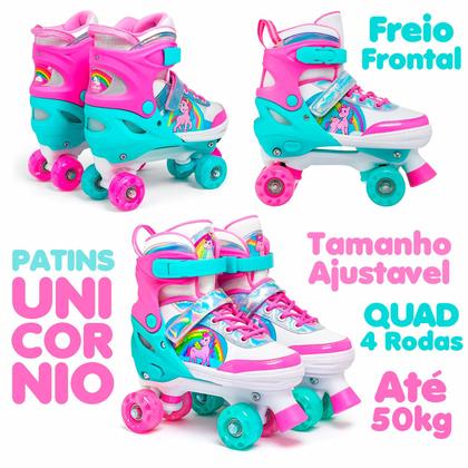 Imagem de Patins Infantil Roller Unicórnio Rosa Ajustável Com Luz Led 4 Rodas Para Menina
