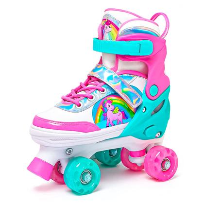 Imagem de Patins Infantil Roller Unicórnio Rosa Ajustável Com Luz Led 4 Rodas Para Menina