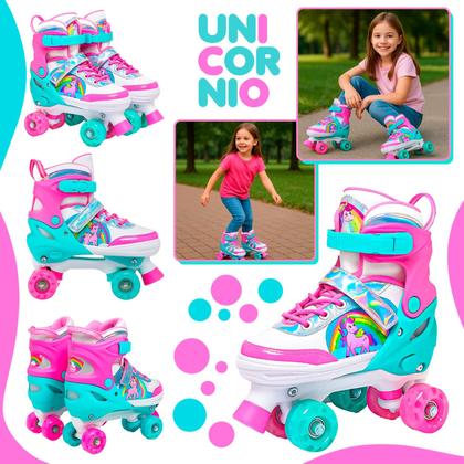Imagem de Patins Infantil Roller Unicórnio Rosa Ajustável Com Luz Led 4 Rodas Para Menina