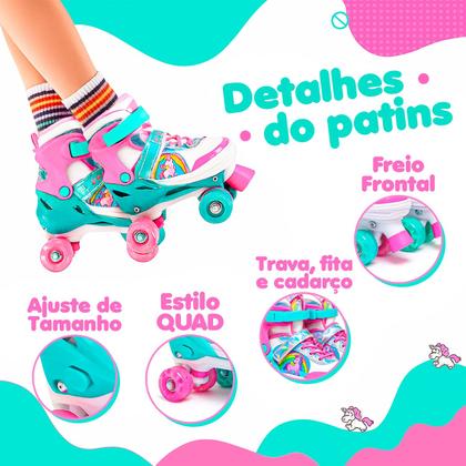 Imagem de Patins Infantil Roller Unicórnio Rosa Ajustável Com Luz Led 4 Rodas Para Menina