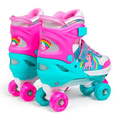Imagem de Patins Infantil Roller Unicórnio Rosa Ajustável Com Luz Led 4 Rodas Para Menina