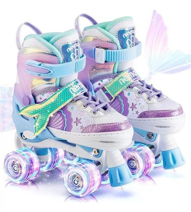 Imagem de Patins Infantil Sereia Ajustável  Kit Proteção Rodas Em Led