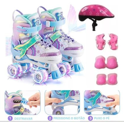 Imagem de Patins Infantil Sereia Ajustável  Kit Proteção Rodas Em Led