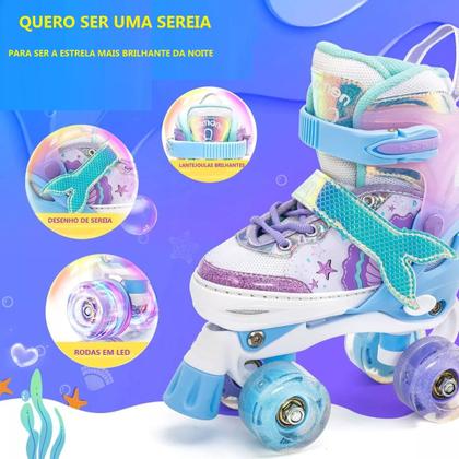Imagem de Patins Infantil Sereia Ajustável  Kit Proteção Rodas Em Led