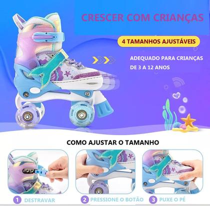 Imagem de Patins Infantil Sereia Ajustável + Kit Proteção Rodas Em Led