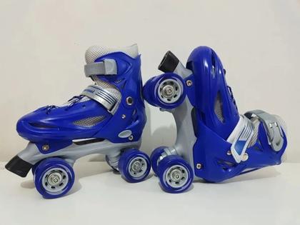 Imagem de Patins Quad Azul Regulável De Todos Tamanhos  Capacete  joelheira  cotoveleira. Kit proteção