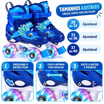 Imagem de Patins Quad Dinossauro 4 Rodas Infantil Tamanha Ajustavel Com Rodinhas de LED + Bolsa + KIT PROTEÇÃO