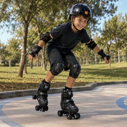 Imagem de Patins Quad Roller Preto Ajustável Com Kit De Proteção Para Adultos E Crianças
