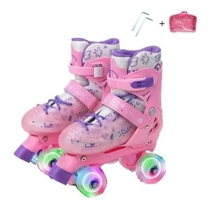 Imagem de Patins Quad Rosa Regulável 28-32 e 33-36 Com Rodas Em LED + Capacete + cotoveleira + joelheira. Kit proteção