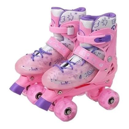 Imagem de Patins Quad Rosa Regulável 28-32 e 33-36 Com Rodas Em LED + Capacete + cotoveleira + joelheira. Kit proteção