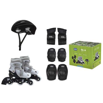 Imagem de Patins Roller Infantil Regulável Rosa ou Preto E Kit Segurança C/ Capacete Joelheira e Munhequeira Mor