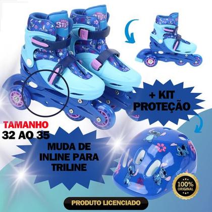 Imagem de Patins Stitch Infantil 4 Rodas Roller 32 Ao 35 Kit Proteção