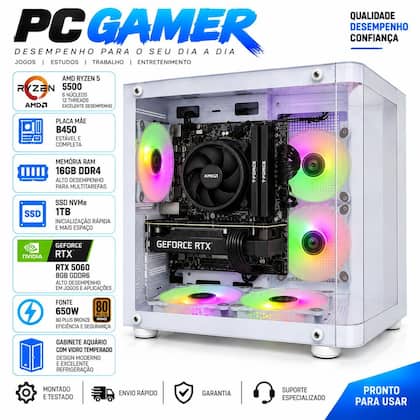 PC Computador Gamer Ryzen 5 5500 B450 16gb DDR4 Ssd 1tb Rtx 5060 8gb - Option Soluções