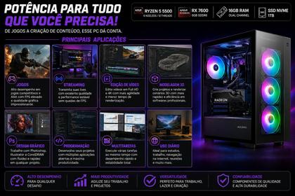 Imagem de PC Gamer AMD Ryzen 5 5500 RX 7600 8GB  16GB RAM  SSD NVMe 1TB  Alto Desempenho