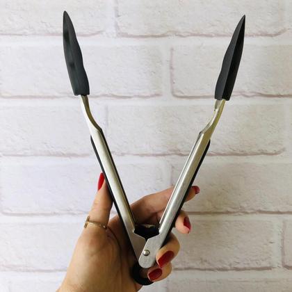 Imagem de Pegador De Inox Com Silicone Para Carne Salada Multiuso Preto Kit Utensilios De Cozinha Grande Reforçado 27cm