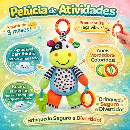 Imagem de Pelúcia Atividades para Bebês Bichos Coloridos Treme Mordedor Sons BUBA Baby