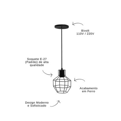 Imagem de Pendente Aramado Mecânico Pequeno Luminária Cobre Preto Branco Ferro Teto Soquete E-27