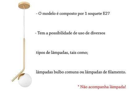 Imagem de Pendente Bola Vidro Branco E27 Haste Diagonal Dourado Lup15