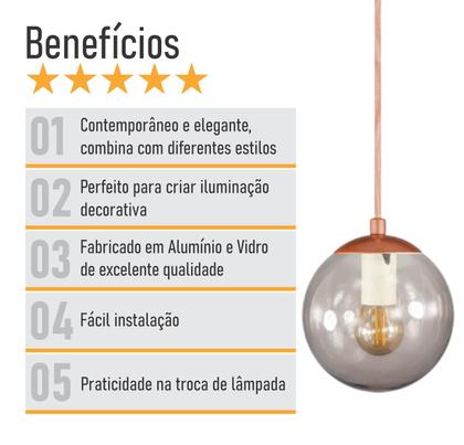 Imagem de Pendente BRONZE C/ Globo de Vidro FUME de 14cm + LED 2W