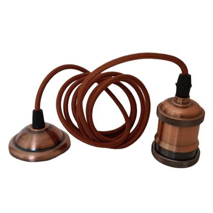 Imagem de Pendente De Teto Rústico Retrô Vintage De Metal 2M Decorativo Soquete Bocal E27 Com Fio Cabo Em Tecido Com Tampa Canopla