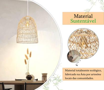 Imagem de Pendente Fibra Natural Rattan Artesanal Boho Nat72 + Led