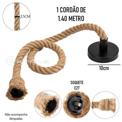 Imagem de Pendente Fio Corda Retrô 1,40m Design Rústico Lustre Luminária Decoração E27  70030001