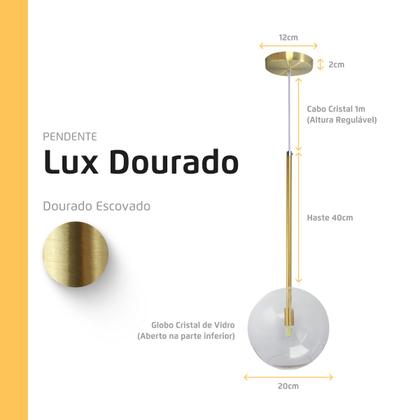 Imagem de Pendente Luminária Lux Dourado Globo Cristal 20Cm Vidro Led