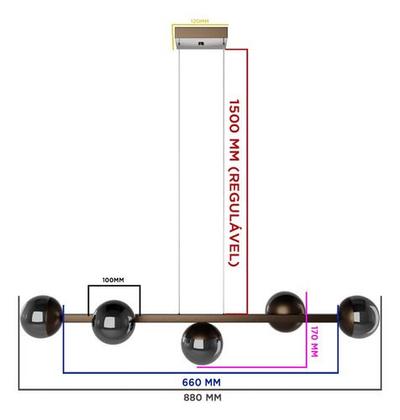 Imagem de Pendente Lustre de Teto Elegance Jabuticaba Com Fio 1,5 metro Bivolt Alumínio Com 5 Globos Vidro - BRONZEFUME