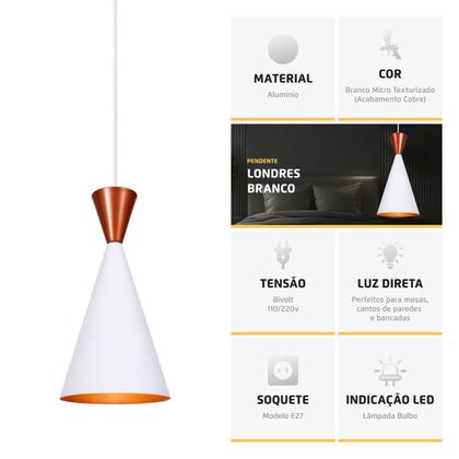 Imagem de Pendente Lustre Luminária Londres Branco Topo Cobre