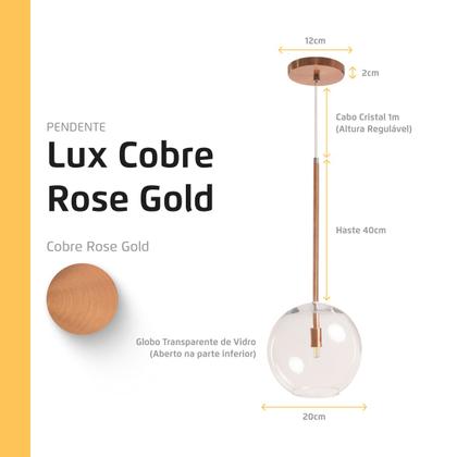 Imagem de Pendente Lux Cobre Rose Gold Globo Vidro 20Cm + Led