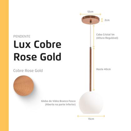 Imagem de Pendente Lux Cobre Rose Gold Globo Vidro Branco + Led