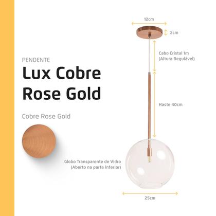Imagem de Pendente Lux Cobre Rose Gold Globo Vidro Cristal 25Cm + Led