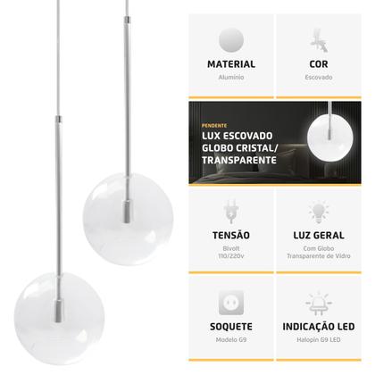 Imagem de Pendente Lux Escovado Globo Vidro Cristal 20Cm + Led