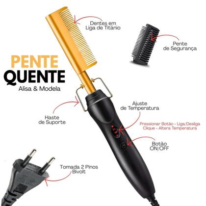 Imagem de Pente Quente Alisa e Modela 2 em 1 Bivolt Aquecimento Potente com 4 Níveis de Temperatura 48W