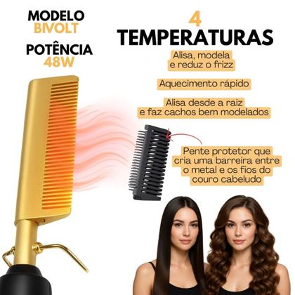 Imagem de Pente Quente Alisa e Modela 2 em 1 Bivolt Aquecimento Potente com 4 Níveis de Temperatura 48W