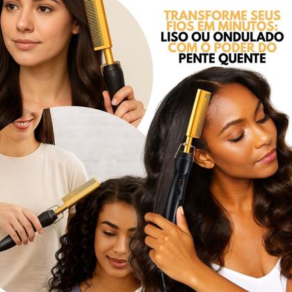 Imagem de Pente Quente Alisa e Modela 2 em 1 Bivolt Aquecimento Potente com 4 Níveis de Temperatura 48W