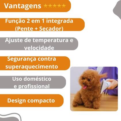 Imagem de Pente Secador Pet 110V, fácil de manusear e ideal para tosa doméstica.
