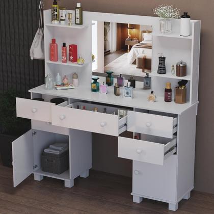 Imagem de Penteadeira Camarim Com Banqueta Espaçosa Com Prateleiras e Portas Para Maquiagem Para Quarto ou Closet Espelho Grande