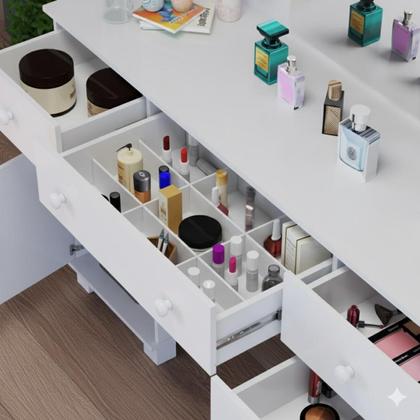 Imagem de Penteadeira Camarim Com Espelho 5 Gavetas E 2 Portas MDP Branco Fosco