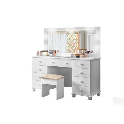 Imagem de Penteadeira Camarim Escrivaninha 9 Gavetas Espelho E Led Com Banqueta Moderna Decorativa