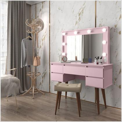 Imagem de Penteadeira Camarim Strass 5 Gavetas com Espelho e LED + Banqueta mdf/mdp Rosa - Incasa