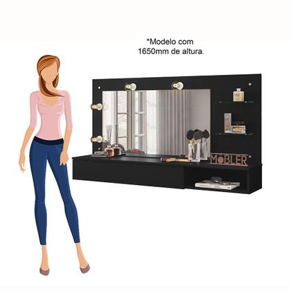 Imagem de Penteadeira Camarim Suspensa para Maquiagem 135cm Lumiere B03 P com Espelho, 1 Gaveta Telescópica, Nicho 2 Prateleiras de Vidro, MDP Fosco, 4 Soquetes