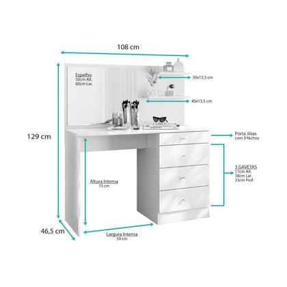 Imagem de Penteadeira com Espelho 3 Gavetas Princesa Branco
