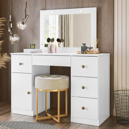 Imagem de Penteadeira com Espelho Led Camarim Sonhos 5 Gavetas 1 Porta Branco Moval