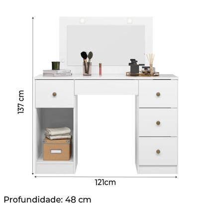 Imagem de Penteadeira com Espelho Led Camarim Sonhos 5 Gavetas 1 Porta Branco Moval