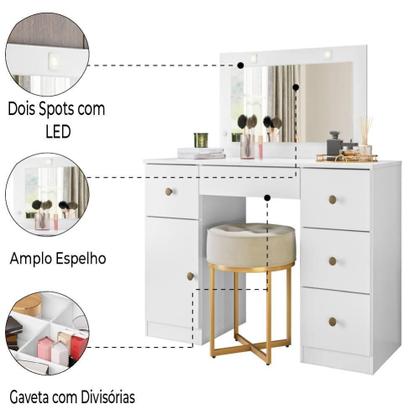 Imagem de Penteadeira Com Espelho Led Camarim Sonhos 5 Gavetas 1 Porta