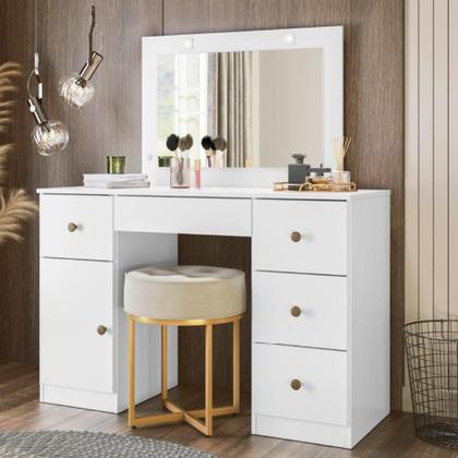 Imagem de Penteadeira Com Espelho Led Camarim Sonhos 5 Gavetas 1 Porta