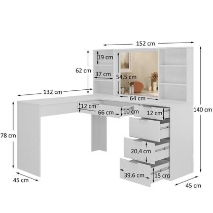 Imagem de Penteadeira Escrivaninha em L com Espelho Led 5 Gavetas 6 Nichos
